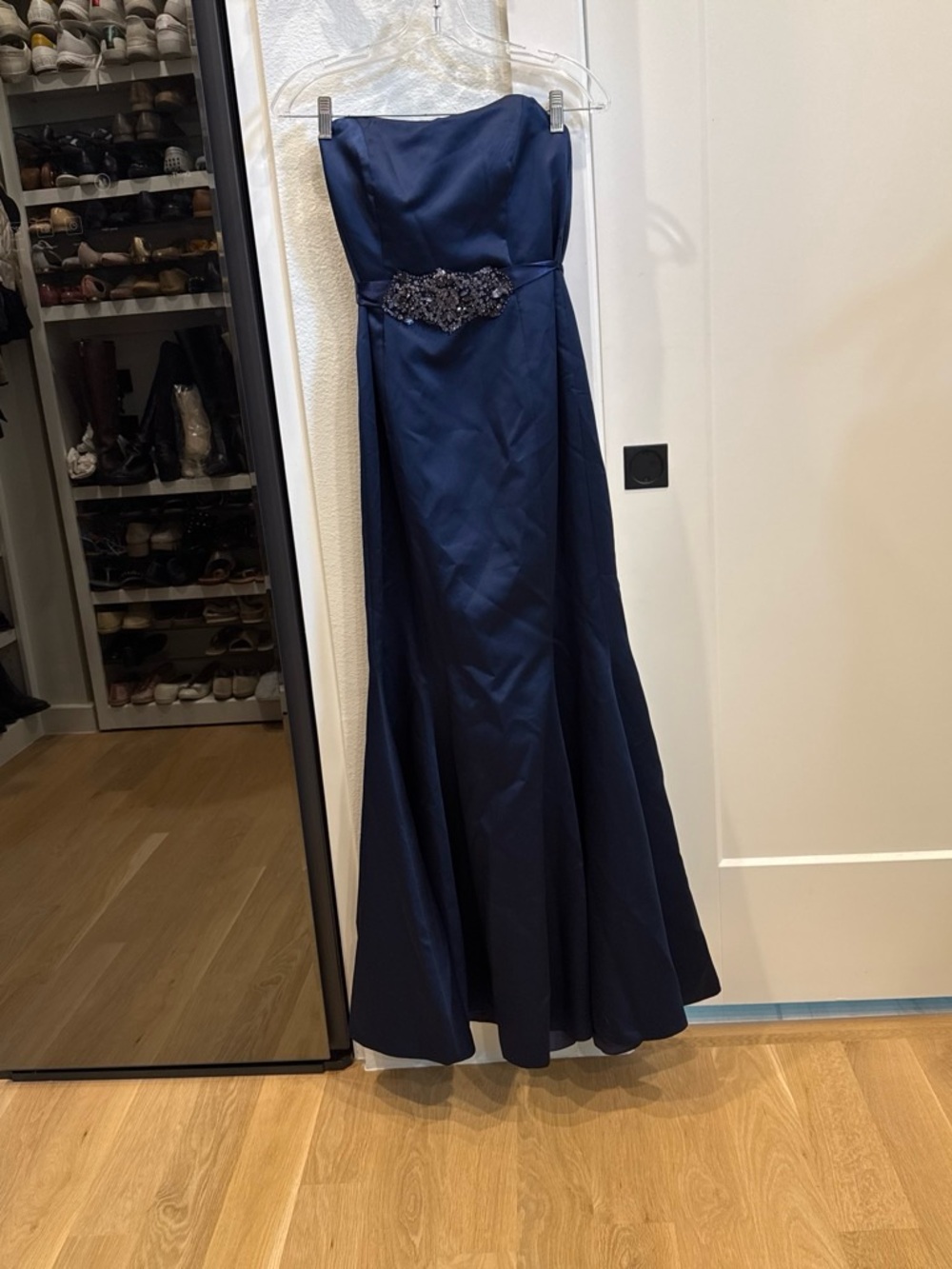 Lazaro Strapless Navy Evening Gown with Beaded Waist Detail Sz 12
